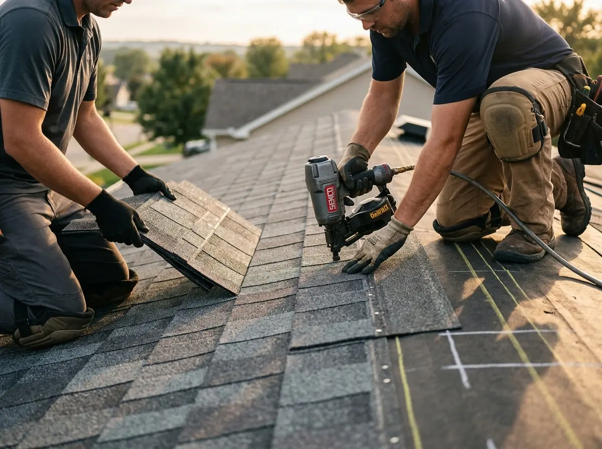 Professional roofer working on a residential roof in Terre Haute